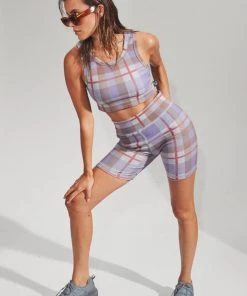 Clothing Afends Womens Colby - Hemp Check Ribbed Bike Shorts - Plum