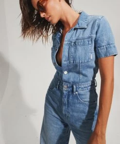 Afends Womens Miami - Hemp Denim Flared Jumpsuit - Worn Blue
