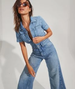 Afends Womens Miami - Hemp Denim Flared Jumpsuit - Worn Blue