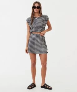 Afends Womens Asta - Hemp Seersucker Check Mini Skirt - Steel