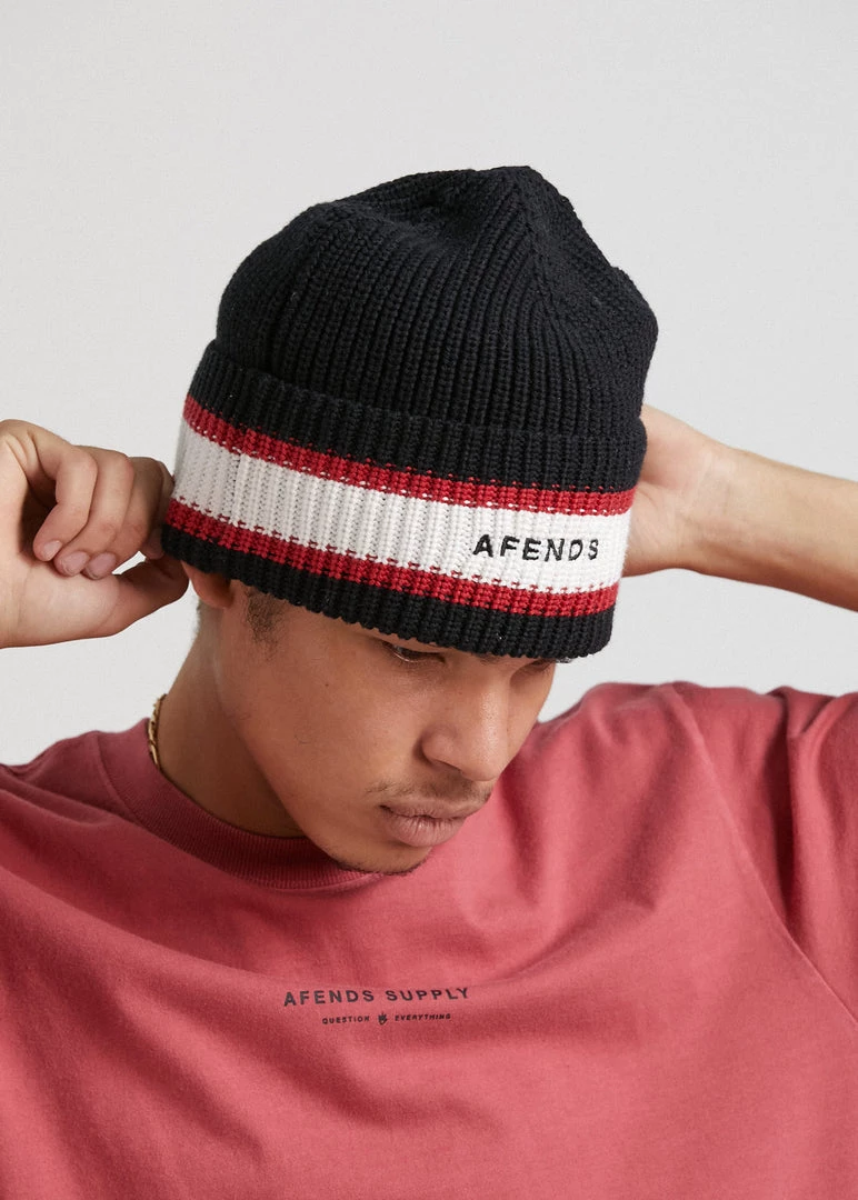 Afends Unisex Campbell - Recycled Stripe Beanie - Black Clothing 3 Afends Unisex Campbell - Recycled Stripe Beanie - Black Clothing