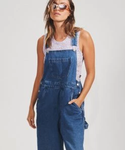 Afends Womens Louis - Hemp Denim Baggy Overalls - Authentic Blue Clothing