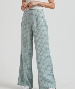 Afends Womens Billy - Hemp Check High Waisted Pants - Moss Check Clothing