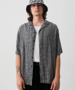 Afends Mens Asta - Hemp Check Cuban Short Sleeve Shirt - Steel