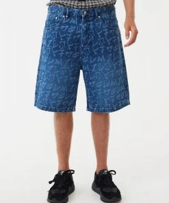 NEW ARRIVALS Afends Mens Tagged Lil C - Hemp Denim Baggy Shorts - Graffiti Blue