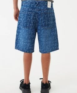 NEW ARRIVALS Afends Mens Tagged Lil C - Hemp Denim Baggy Shorts - Graffiti Blue
