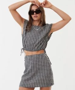 Afends Womens Asta - Hemp Seeksucker Check Tie Top - Steel