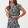 Afends Womens Asta - Hemp Seeksucker Check Tie Top - Steel