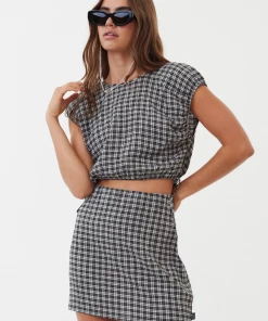 Afends Womens Asta - Hemp Seeksucker Check Tie Top - Steel