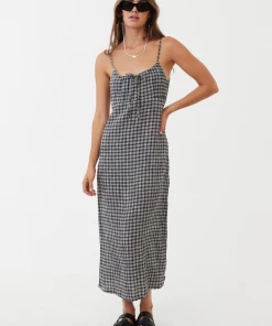 NEW ARRIVALS Afends Womens Asta - Hemp Seersucker Check Maxi Dress - Steel