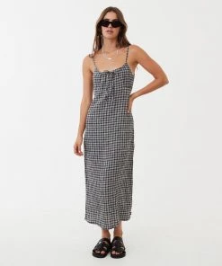 NEW ARRIVALS Afends Womens Asta - Hemp Seersucker Check Maxi Dress - Steel