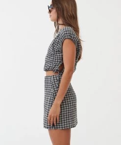 Afends Womens Asta - Hemp Seersucker Check Mini Skirt - Steel