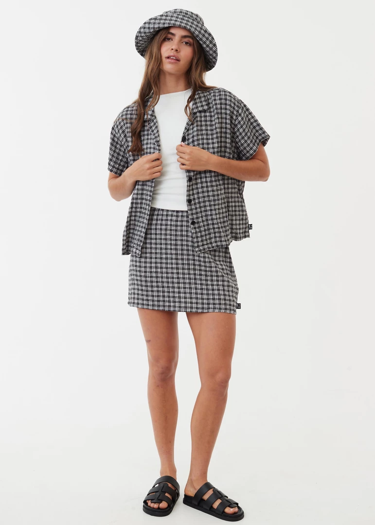 NEW ARRIVALS Afends Womens Asta - Hemp Seersucker Check Shirt - Steel 5 NEW ARRIVALS Afends Womens Asta - Hemp Seersucker Check Shirt - Steel