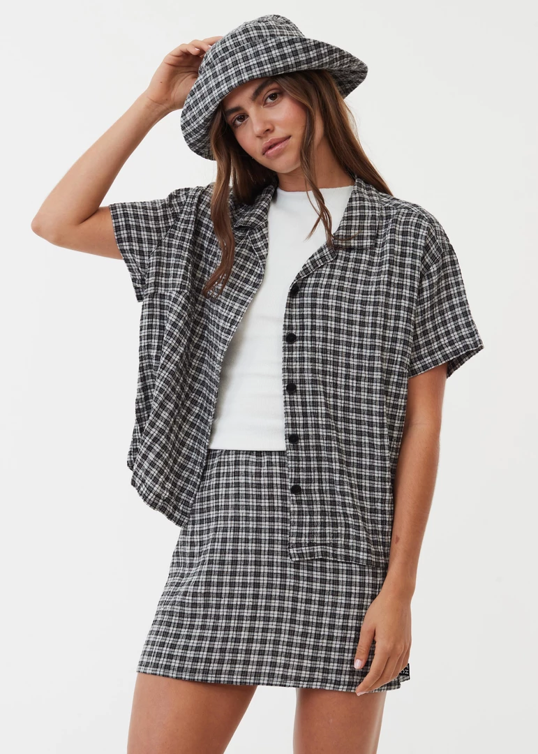NEW ARRIVALS Afends Womens Asta - Hemp Seersucker Check Shirt - Steel 3 NEW ARRIVALS Afends Womens Asta - Hemp Seersucker Check Shirt - Steel