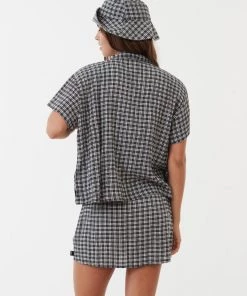 NEW ARRIVALS Afends Womens Asta - Hemp Seersucker Check Shirt - Steel 14 NEW ARRIVALS Afends Womens Asta - Hemp Seersucker Check Shirt - Steel