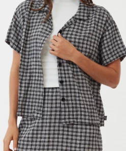 NEW ARRIVALS Afends Womens Asta - Hemp Seersucker Check Shirt - Steel 11 NEW ARRIVALS Afends Womens Asta - Hemp Seersucker Check Shirt - Steel