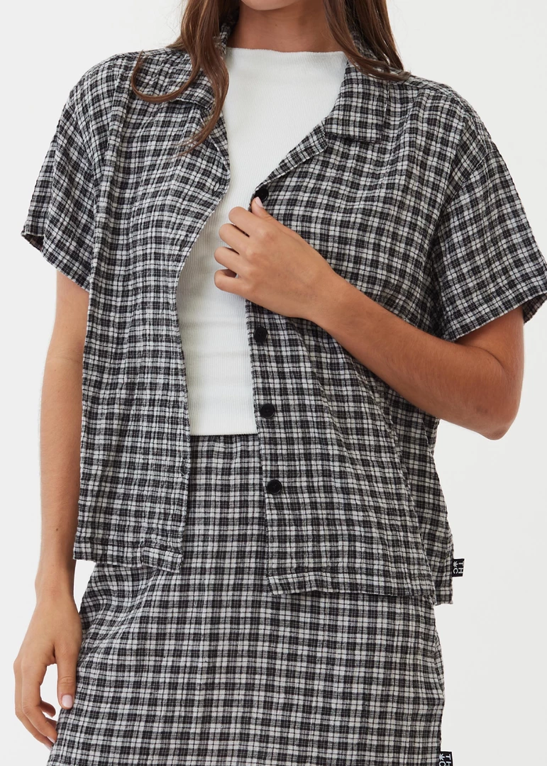 NEW ARRIVALS Afends Womens Asta - Hemp Seersucker Check Shirt - Steel 4 NEW ARRIVALS Afends Womens Asta - Hemp Seersucker Check Shirt - Steel