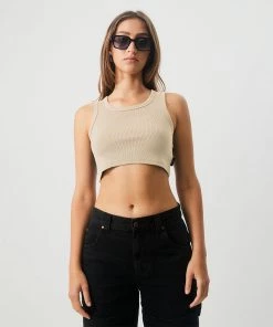 NEW ARRIVALS Afends Womens Chloe - Hemp Ribbed Crop Tank - Cement