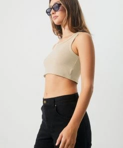NEW ARRIVALS Afends Womens Chloe - Hemp Ribbed Crop Tank - Cement