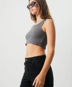 NEW ARRIVALS Afends Womens Chloe - Hemp Ribbed Crop Tank - Steel