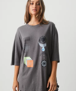 NEW ARRIVALS Afends Womens Euphoria - Hemp Oversized Graphic T-Shirt - Steel