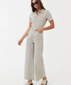 Afends Womens Miami - Organic Denim Flared Jumpsuit - Faded Cement