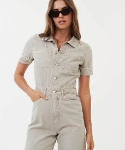 Afends Womens Miami - Organic Denim Flared Jumpsuit - Faded Cement