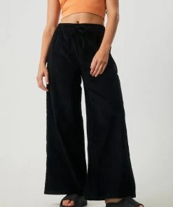 NEW ARRIVALS Afends Womens Night Away - Hemp Corduroy Baggy Wide Leg Pants - Black
