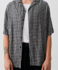 Afends Mens Asta - Hemp Check Cuban Short Sleeve Shirt - Steel