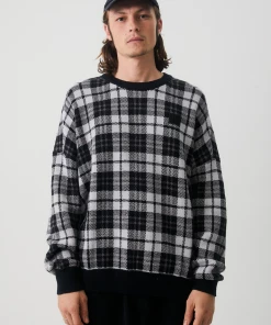 NEW ARRIVALS Afends Mens Asta - Hemp Check Knit Crew Neck Jumper - Steel
