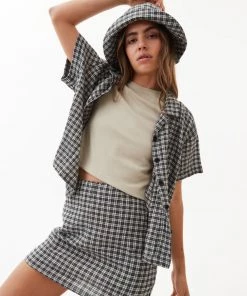 NEW ARRIVALS Afends Womens Asta - Hemp Seersucker Check Shirt - Steel