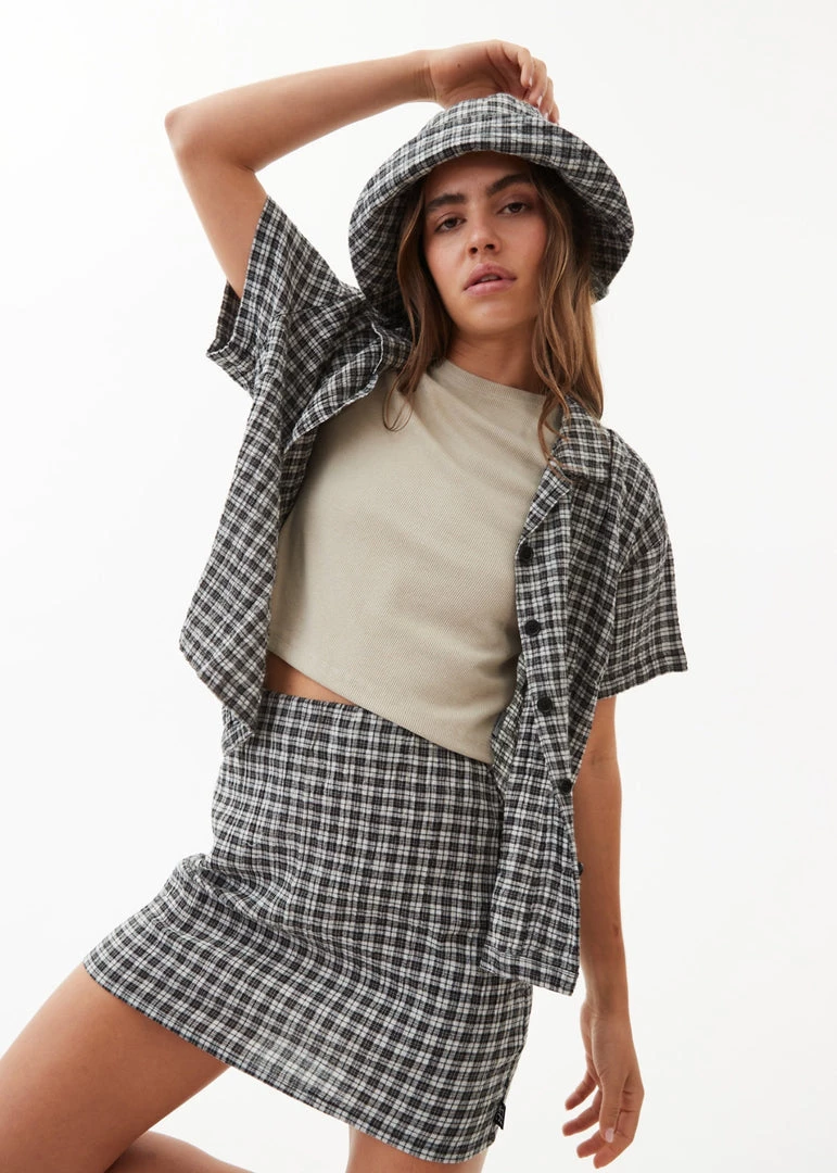 NEW ARRIVALS Afends Womens Asta - Hemp Seersucker Check Shirt - Steel 1 NEW ARRIVALS Afends Womens Asta - Hemp Seersucker Check Shirt - Steel