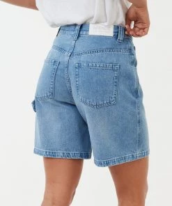 Afends Womens Emilie - Hemp Denim Workwear Short - Worn Blue 16 Afends Womens Emilie - Hemp Denim Workwear Short - Worn Blue