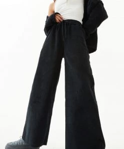 NEW ARRIVALS Afends Womens Night Away - Hemp Corduroy Baggy Wide Leg Pants - Black