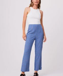 Afends Womens Porcelain - Hemp Check High Waisted Pants - Electric Blue Clothing