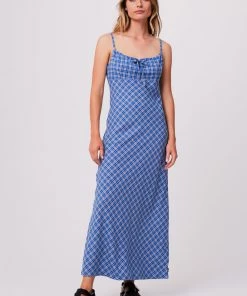 Clothing Afends Womens Porcelain - Hemp Check Maxi Dress - Electric Blue