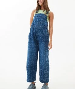 Afends Womens Tagged Louis - Hemp Denim Baggy Overalls - Graffiti Blue