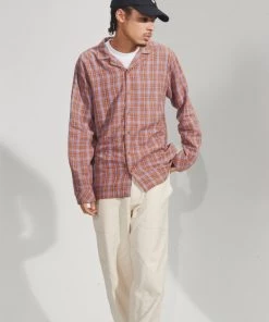 Afends Mens Colby - Hemp Check Cuban Long Sleeve Shirt - Plum Clothing