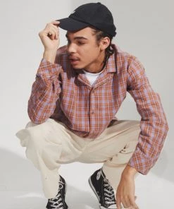 Afends Mens Colby - Hemp Check Cuban Long Sleeve Shirt - Plum Clothing