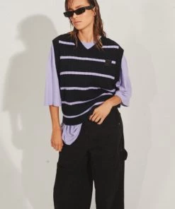 Afends Womens Donnie - Hemp Knit Striped Vest - Black Clothing