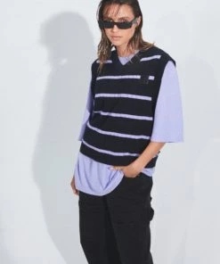 Afends Womens Donnie - Hemp Knit Striped Vest - Black Clothing