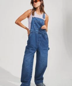 Afends Womens Louis - Hemp Denim Baggy Overalls - Authentic Blue Clothing