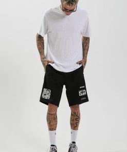 Afends Mens Late Start - Hemp Herringbone Elastic Waist Short - Black SALE