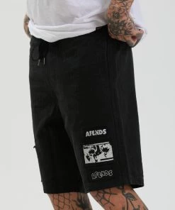 Afends Mens Late Start - Hemp Herringbone Elastic Waist Short - Black SALE
