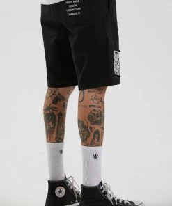 Afends Mens Late Start - Hemp Herringbone Elastic Waist Short - Black SALE