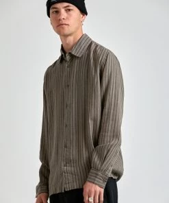 SALE Afends Unisex High Street - Hemp Stripe Long Sleeve Shirt - Beechwood