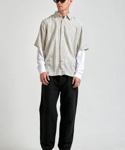 SALE Afends Mens High Street - Hemp Stripe Short Sleeve Shirt - Cream
