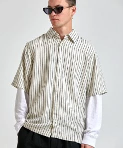 SALE Afends Mens High Street - Hemp Stripe Short Sleeve Shirt - Cream