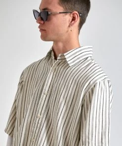 SALE Afends Mens High Street - Hemp Stripe Short Sleeve Shirt - Cream