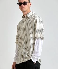 SALE Afends Mens High Street - Hemp Stripe Short Sleeve Shirt - Cream